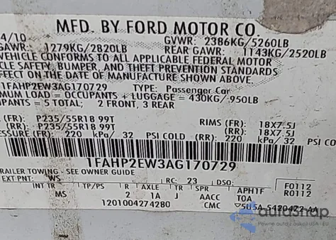 2010 Ford Taurus Sel z USA, uszkodzony, nr VIN 1FAHP2EW3AG170729